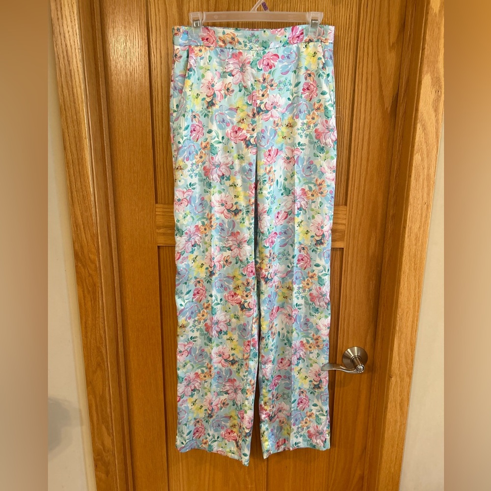 RARE ZARA Floral Pastel Satin Wide Leg‎ Pants Women's Size XS